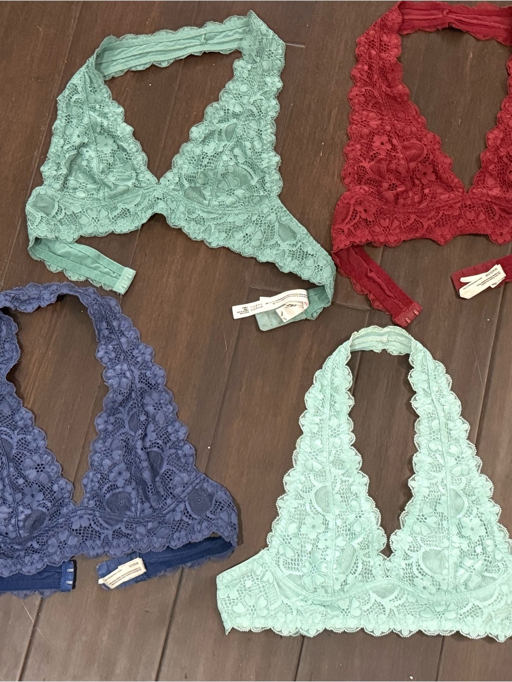 Free People Lace Halter Bralette Trio in Mint, Navy & Red